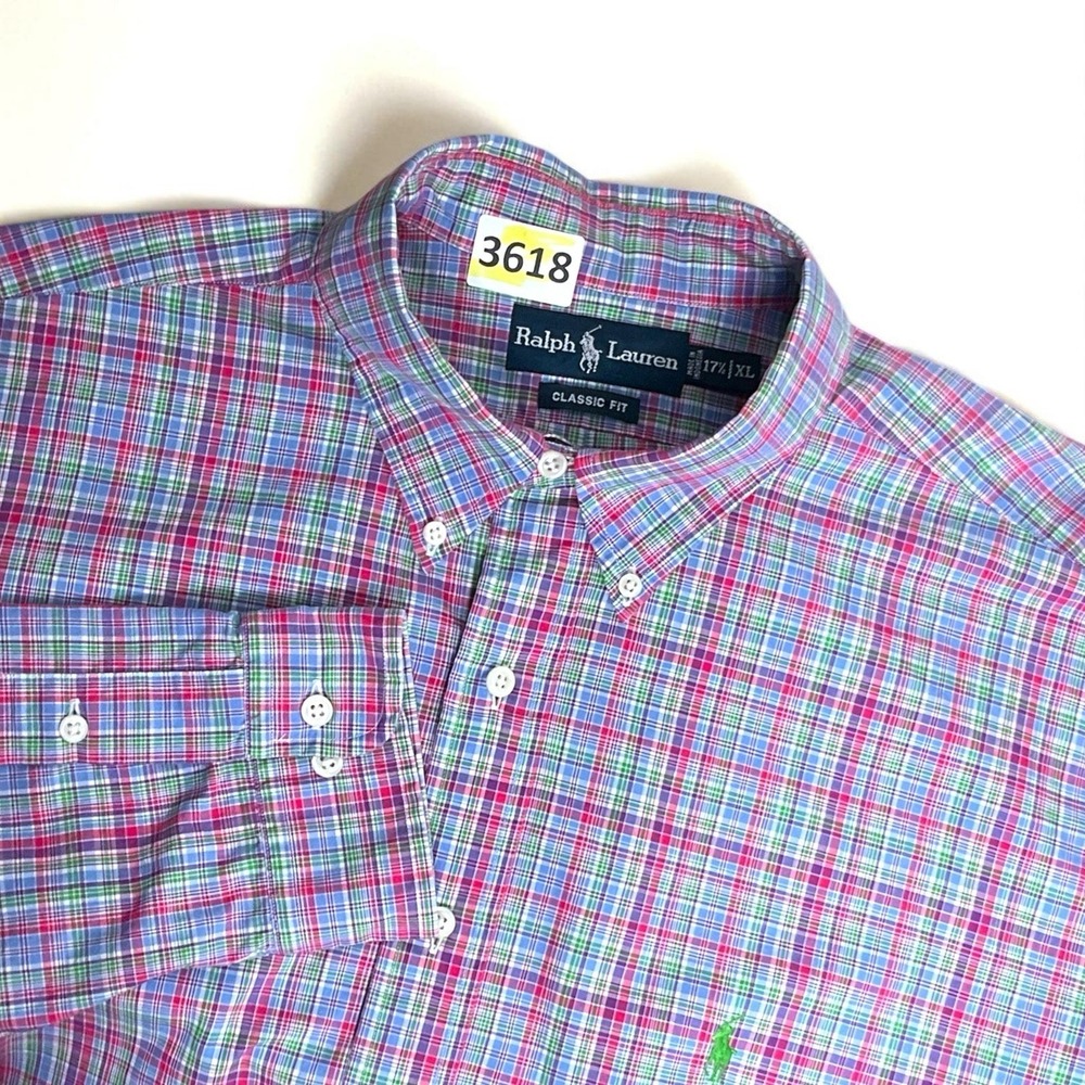 Polo Ralph Lauren Shirt Men XL 17 1/2Long Sleeve Green Pink Plaid Button Down
